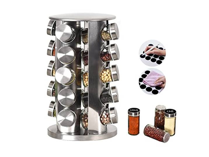 EBIZ&TECH Drehbares Gewürzregal mit 20 Gläsern aus Edelstahl mit rutschfestem Boden – Küchenarbeitsplatten-Organizer für einfachen Zugriff und Aufbewahrung von Gewürzen (Silber)…