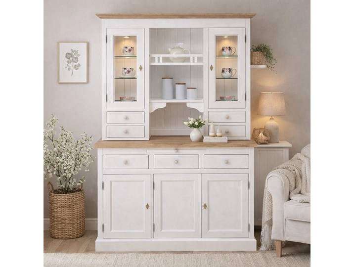 Buffetschrank Landhaus weiß/braun – dimmbare LED hinter Glastüren