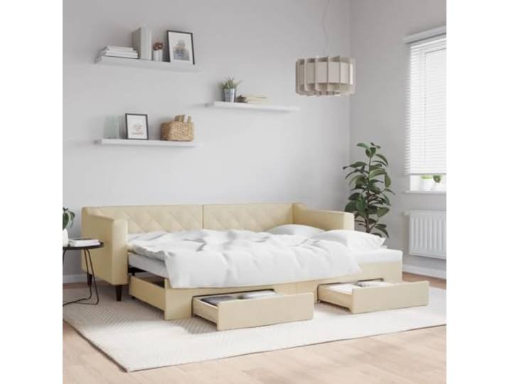 RJPLMFV Tagesbett, ausziehbar, 2-in-1, mit Schubladen, cremefarben, 80 x 200 cm