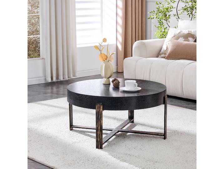 okwish Runder Couchtisch Tischplatte in schwarzer Holzoptik, Beistelltisch mit Metall-Kreuzgestell,Für Wohnzimmer,Schwarz