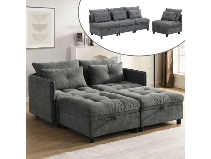 Canapé modulaire 4 places - MODERNLUXE - Espace de rangement - Revêtement en chenille - Combinaison canapé-lit - Gris