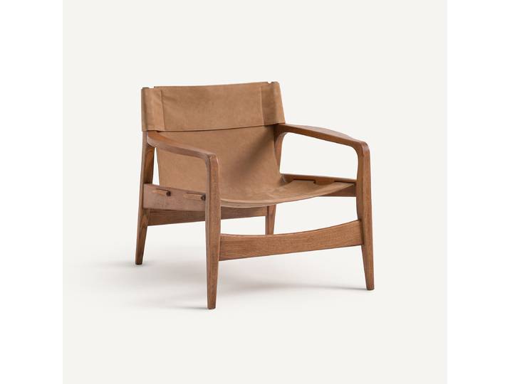 AM.PM Fauteuil en chêne massif et cuir, Alberto Marron Chamois