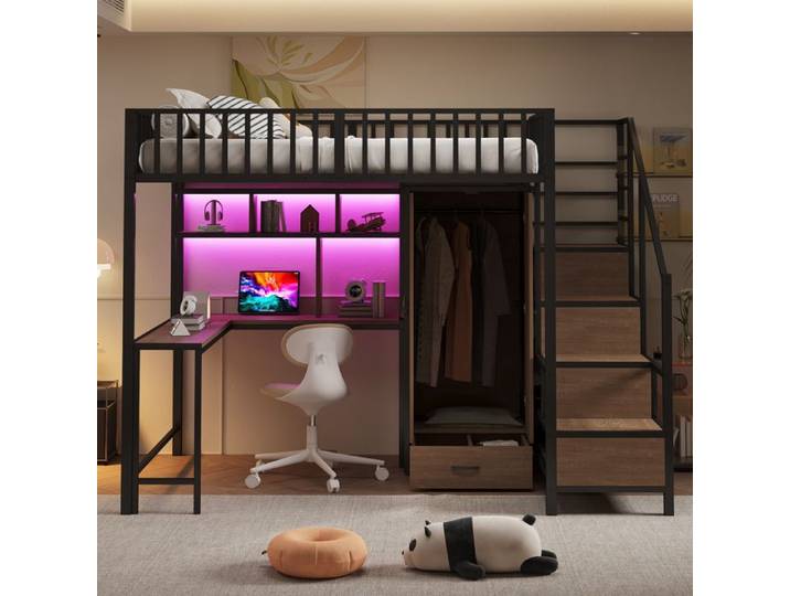 Lit mezzanine - ZEVKOR - 140x200 - Bureau intégré - Armoire & tiroir - LED intégrée USB/Type-C