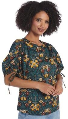 Masseys In-a-Cinch Puff Sleeve Top Casual in Art Nouveau Floral, Size 2X, Cotton/Viscose