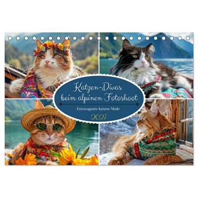 Katzen-Divas beim alpinen Fotoshoot. Extravagante Katzenmode (Tischkalender 2027 DIN A5 quer), CALVENDO Monatskalender