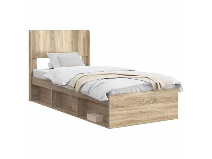 PUGYNBK Bettrahmen mit Aufbewahrung, Sonoma-Eiche Lattenrost, Kopfteil inklusive, langlebiges Holz, ohne Boxspring, einfache Reinigung