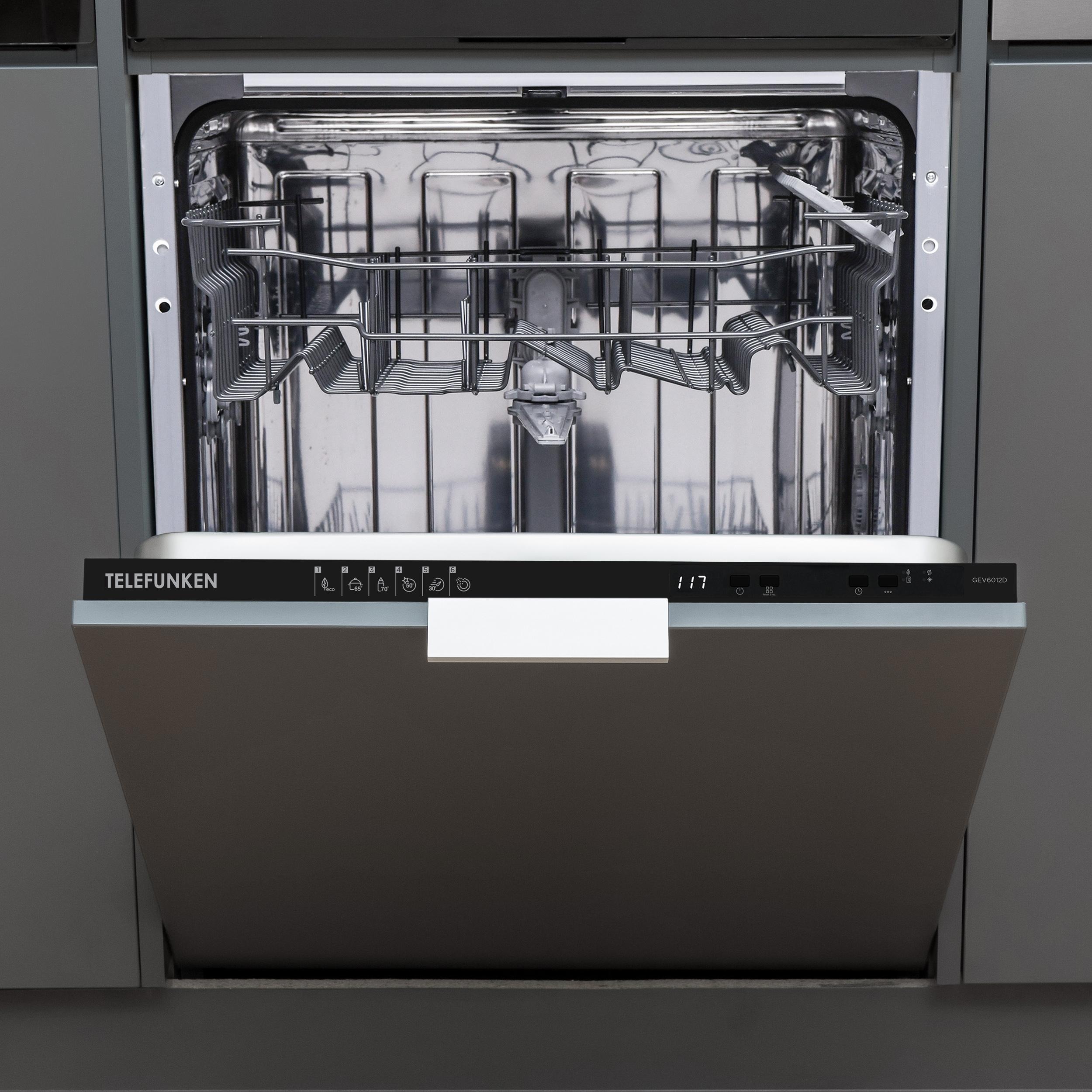 Telefunken Geschirrspüler vollintegrierbar 60 cm, Einbau Spülmaschine, 12 Maßgedecke, 6 Programme, AquaStop, GEV6012D
