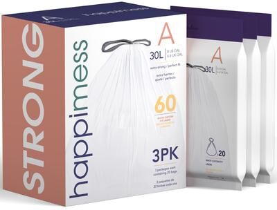 happimess 8-Gallon (30L) Drawstring Trash Can Liner, Clear (60-Count, 3-Packs of 20 Liners)