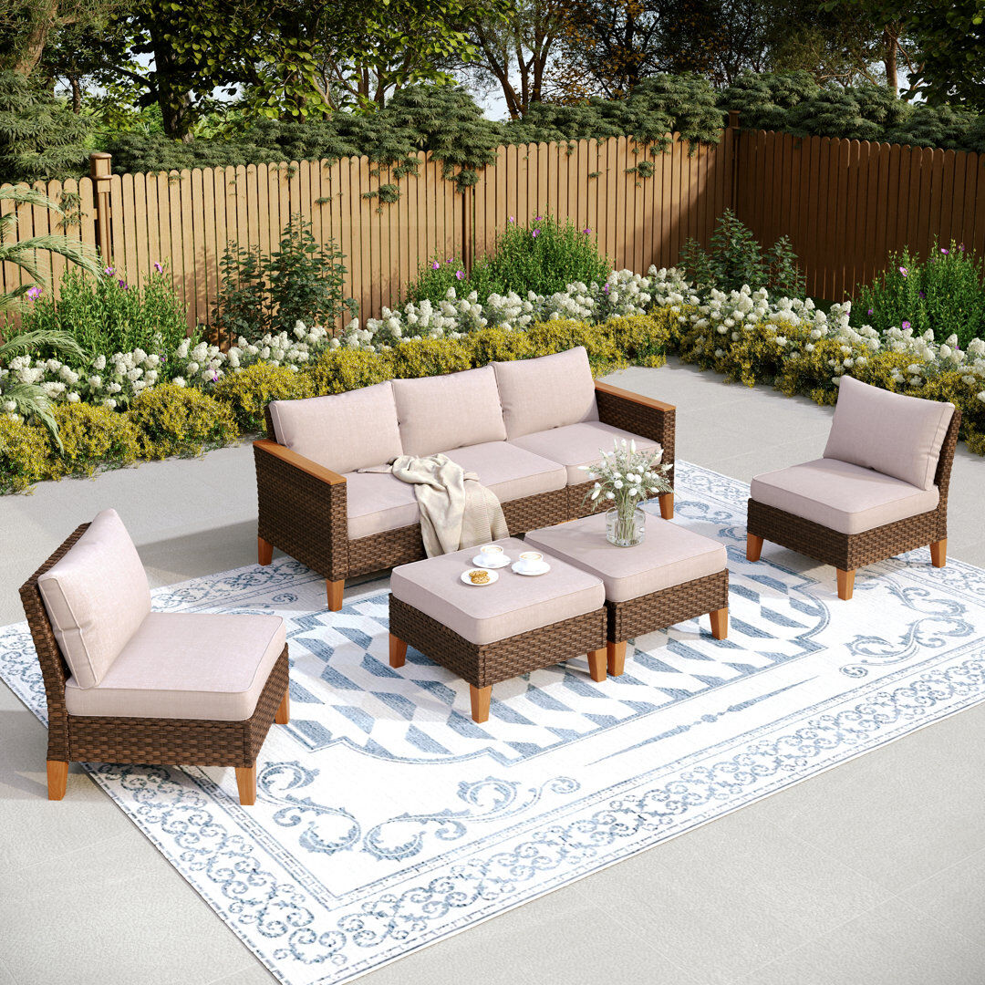 Blue Elephant All Weather Wicker/Rattan 7 - Person Seating Group with Cushions Beige 7