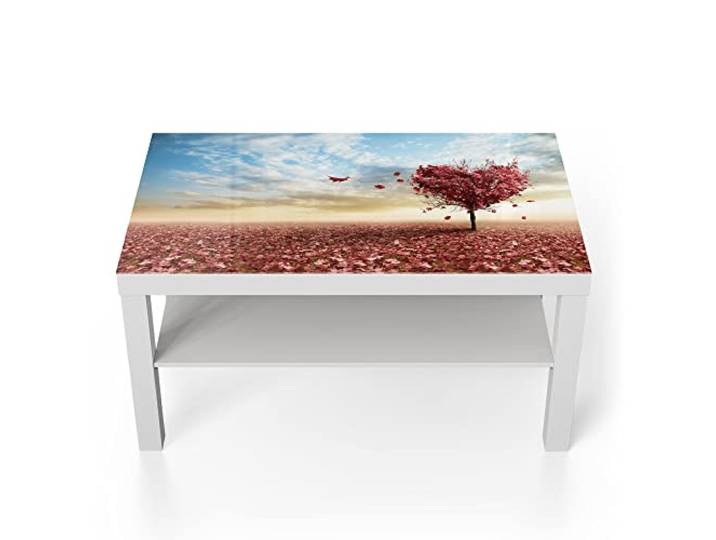 DEQORI Glastisch weiß groß 90x50 cm Motiv Herzförmiger Laubbaum ausgefallener Beistelltisch aus Glas Hochglanz Couchtisch fürs Wohnzimmer moderner Couch Tisch mit Design