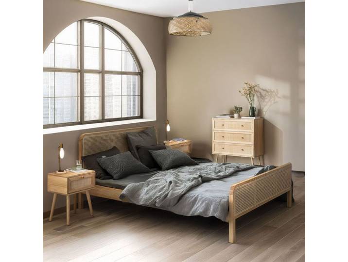 Chambre complète lit cannage avec commode et 2 chevets bois naturel 140x190 ANNA - Bois naturel - Terre de Nuit