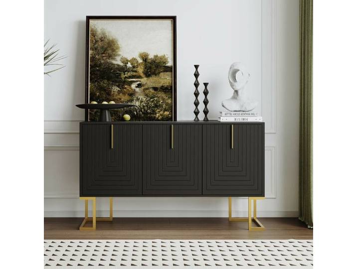 Commode buffet haut - URBAN MEUBLE - CRUUGREN - Noir mat - 3 portes - Design moderne