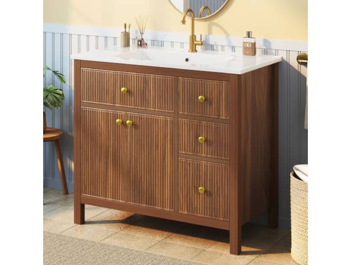 BXEYXE 91 cm Badezimmerschrank mit Keramik-Waschbecken, vollflächiger vertikaler Wellenmuster‑Textur, Soft-Close-Scharniere, Doppeltüren & Einlegeböden, Mehreren Schubladen, ohne Wasserhahn, Walnuss