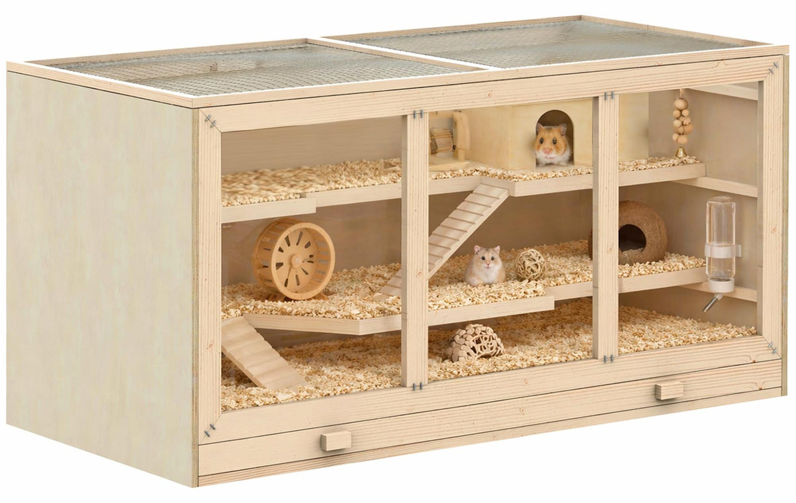 PawHut Hamsterkooi van hout met 3 verdiepingen, naturel hout, B/D/H: 115 x 57 x 55 cm