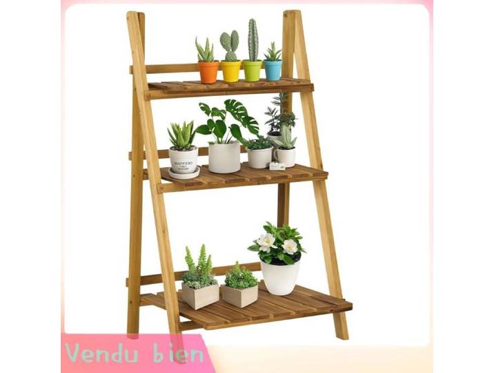 LIA Étagère plantes bois pyramidale échelle pliante 3 étagères marron 60x37x93cm