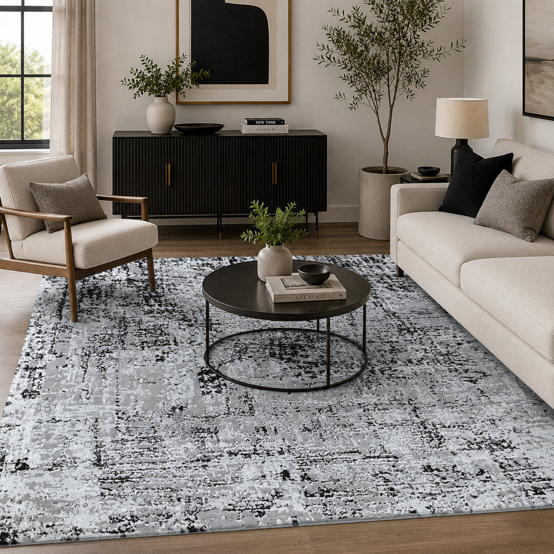 Borough Wharf Santangelo Abstract Area Rug Black Grey Rectangle 120 x 170cm