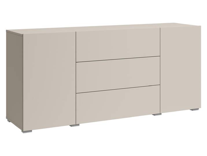 Commode moderne de 150 cm de large\, sur pieds\, avec 3 tiroirs et 2 placards\, finition cachemire mat