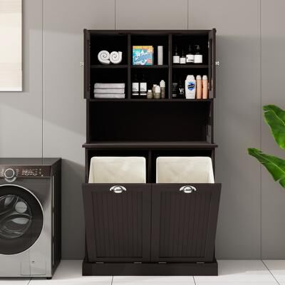 2-Compartment Tilt-Out Laundry Cabinet with 2 Adjustable Shelves for Bathroom