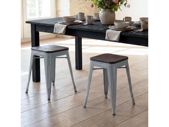 2er-Set Hocker HWC-A73 inkl. Holz-Sitzfläche, Metallhocker Sitzhocker, Metall Industriedesign stapelbar Grau