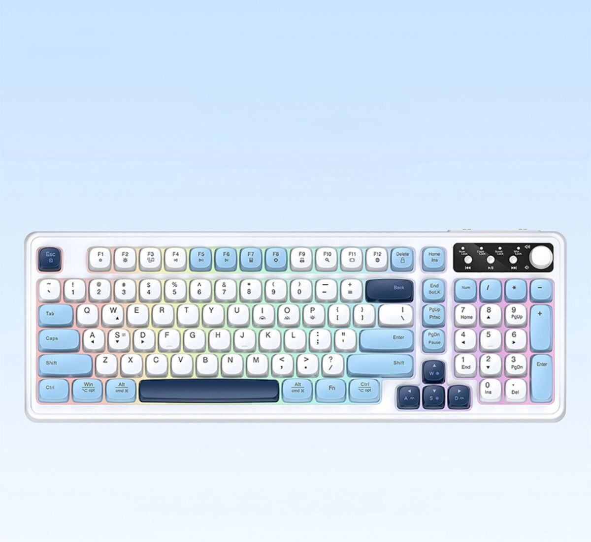 INF Kabelgebundene 99-Tasten Tastatur in Drei-Ton-Vollfarbe mit RGB-Hintergrundbeleuchtung, Multimedia-Lautstärkeregler und Weiß + Blau