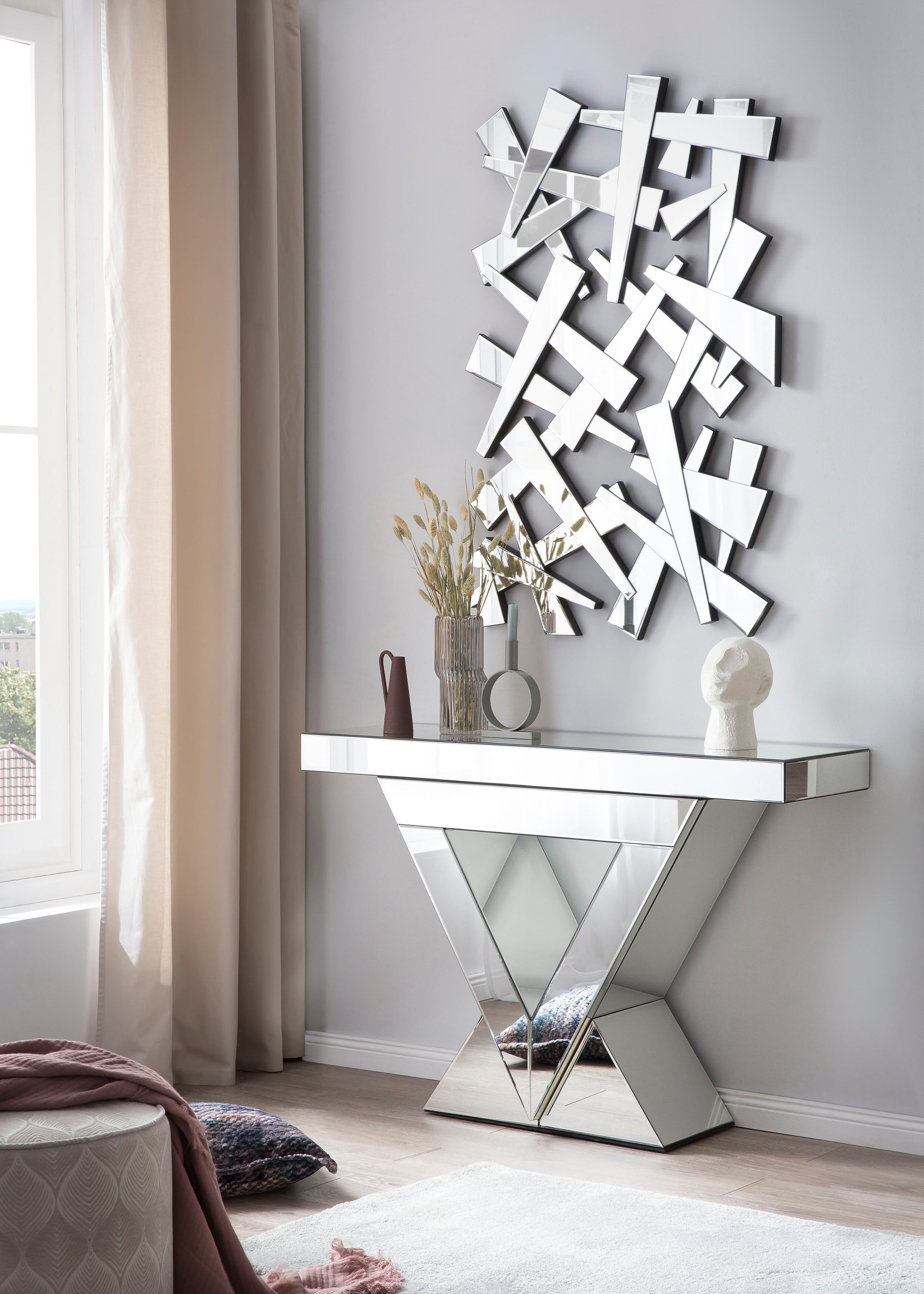 Konsolentisch SALESFEVER "Design Konsole für Ihren Eingangsbereich", silber (silber, verspiegelt, silber, silber), B:120cm H:80cm T:35,5cm, Tische, Konsolentisch, verspiegelt, in edler Form und besonderer Optik silber, verspiegelt, silber, silber B/H/T: 1