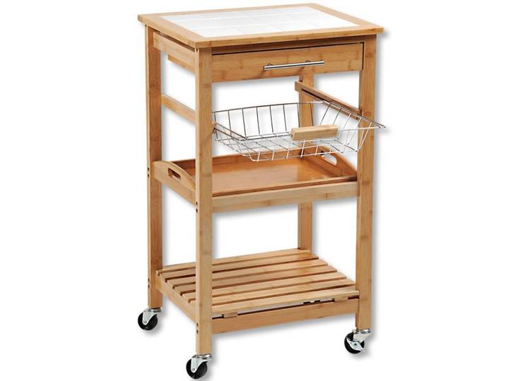 Servierwagen Bambus Natur mit 3 Ablagen + Lade