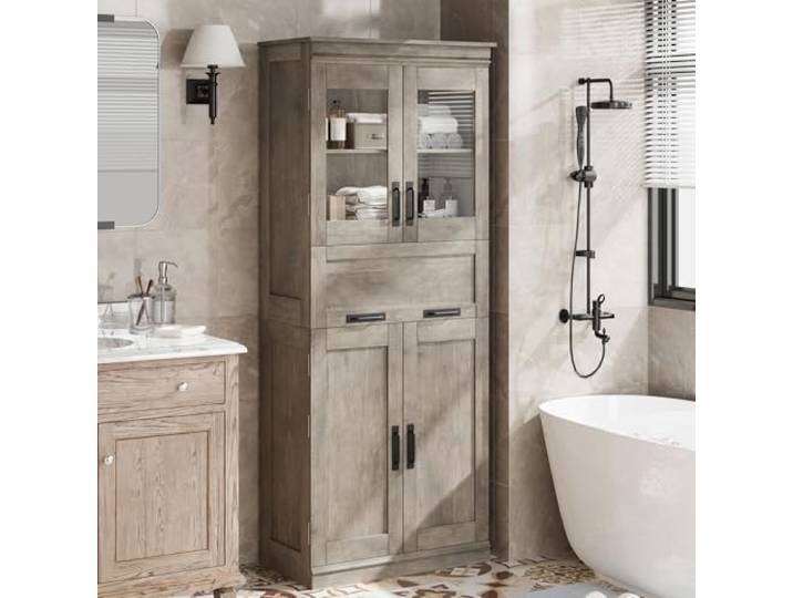 GarveeMore 170x60x30cm Badezimmerschrank Schmal Zweireihig Verstellbare und herausnehmbare Einlegeböden 4 Ebenen mit Schublade Kippschutz-Design