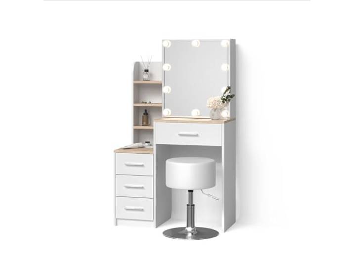 Livinity Schminktisch Loreta , Weiß/Sonoma Spiegel mit LED-Lichterkette · Hocker · 4 Schubladen · Freistehend · Offene Ablagefächer