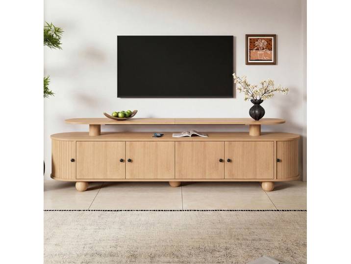 MODFU TV-Schrank Lowboard mit 4 Türen, 2 Schiebetüren & LED (Packung, 1-St., Natur, 180×40×48 cm, für Wohnzimmer) MDF, Kugelfüße, Kabeldurchlässe