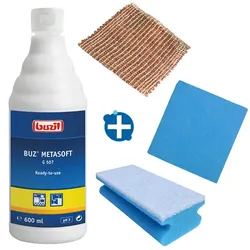 Buzil Metasoft mit 2 Tüchern und Schwamm Edelstahlpflege Set inkl. Vliesschwamm, Kupferlappen und Allzweckvlies