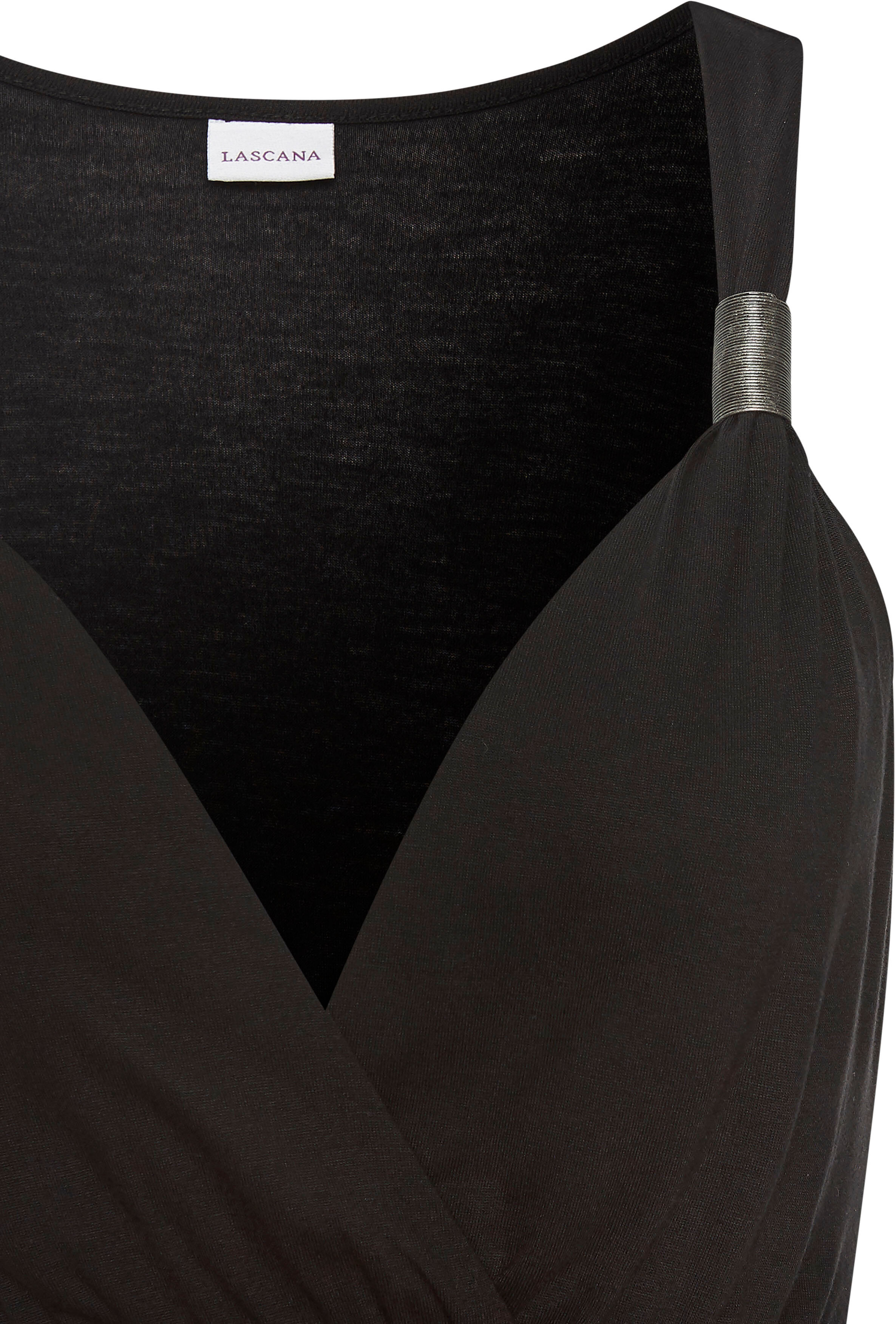 Jerseykleid LASCANA "mit verstellbarem Ausschnitt und gesmokter Taille", Damen, Gr. 36, N-Gr, schwarz, Jersey, Obermaterial: 100% Viskose, unifarben, figurbetont knielang, V-Ausschnitt, Kleider Jerseykleid, Luftiges Sommerkleid, Strandkleid, Viskosekleid 