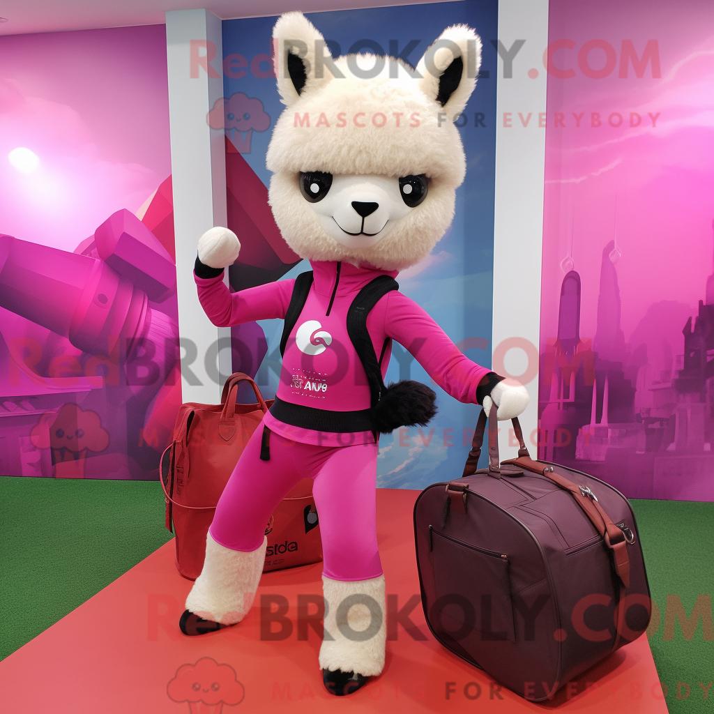Maskottchen REDBROKOLY eines magentafarbenen Alpakas mit Yogahose und Handtasche
