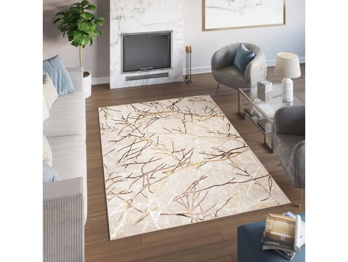 Tapis de Salon TAPISO Doré Marron Crème Beige GOLDEN Abstrait Doux Confortable 140x200 cm