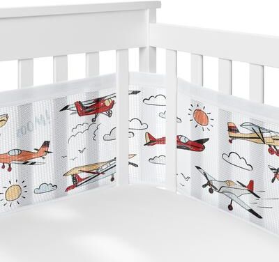 Sweet Jojo Designs + BreathableBaby Breathable Mesh Crib Liner Vintage Airplane Boy Blue Clouds Transportation