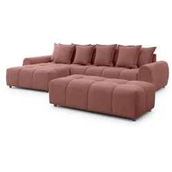 ECKSOFA inkl. Hocker Bubble mit Schlaffunktion und losen Rückenkissen, Sitzfläche Bubble-Optik aus weichem Terrakotta Strukturstoff - Ottomane Links