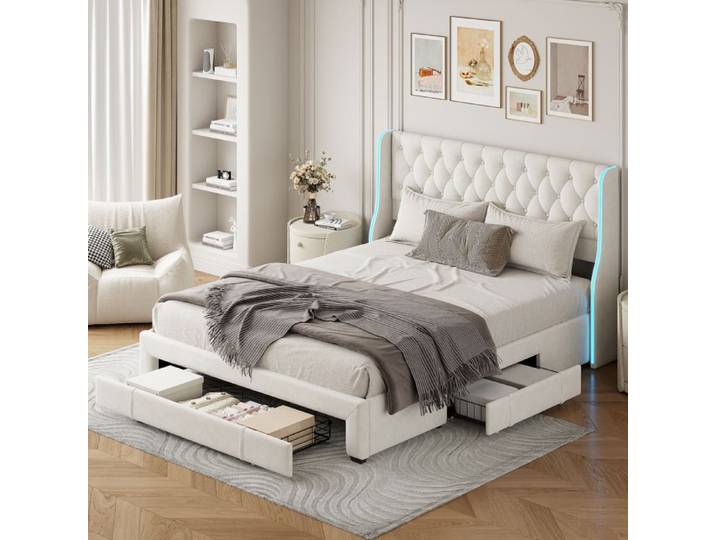 Lit 160 x 200 avec LED et sommier lit 2 Personnes avec tiroirs lit double rembourré cadre de lit 160 x 200 velours beige