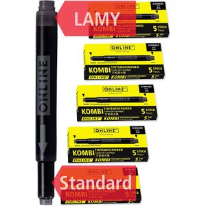 Online Füllerpatronen 70033 Kombipatrone, schwarz, Großraumpatronen, Maxi-Pack, 5 x 5 Stück