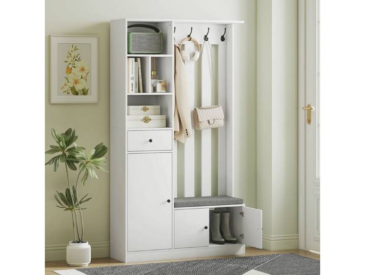 Meuble d'entrée 4 en 1 vestiaire d'entrée avec banc de rangement étagère réglable 4 crochets 100x30x180cm blanc