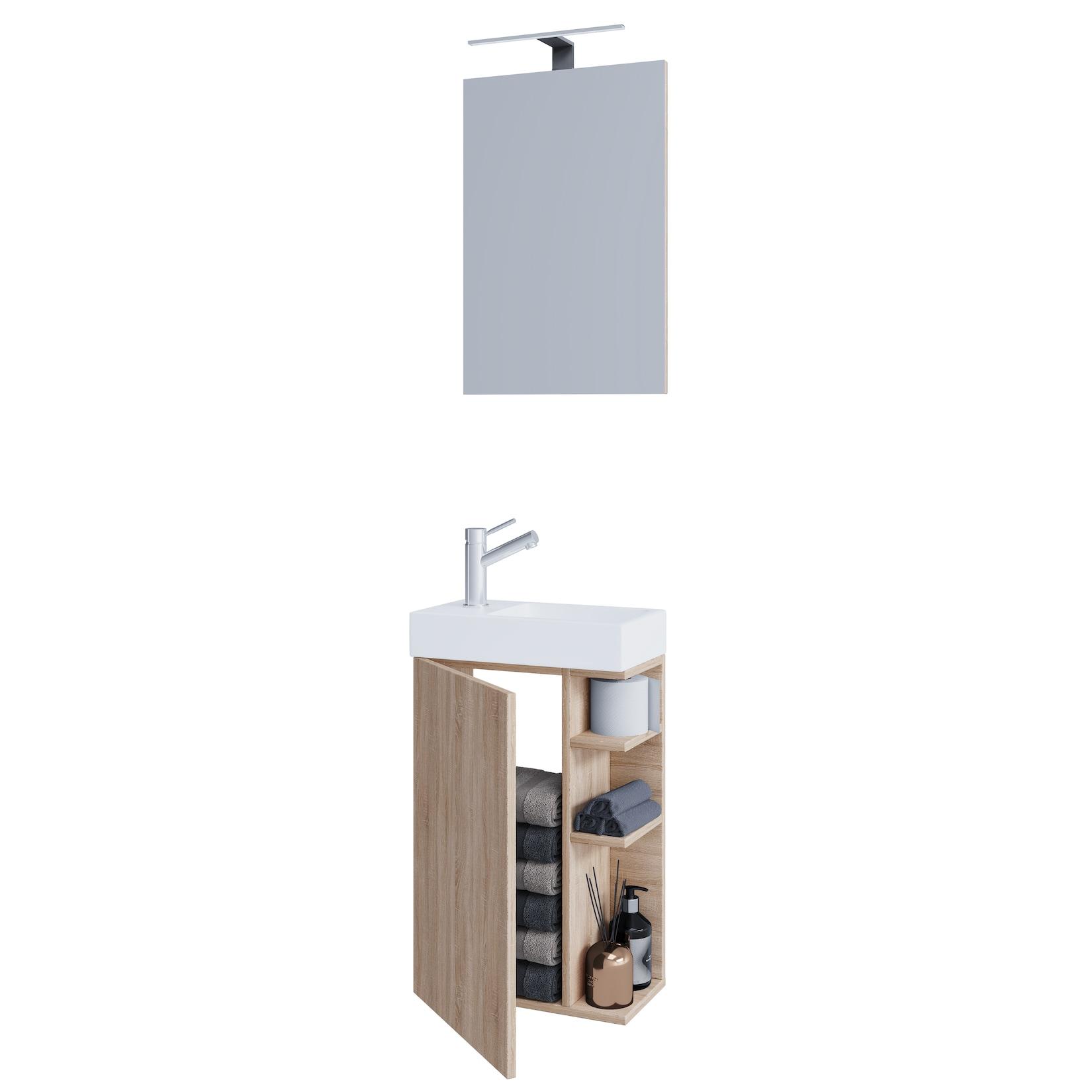 VCM 3-tlg Set Waschplatz für Gäste WC Gästebad Toilette Waschtisch mit Spiegel Badmöbel Badezimmer Set – Lumia