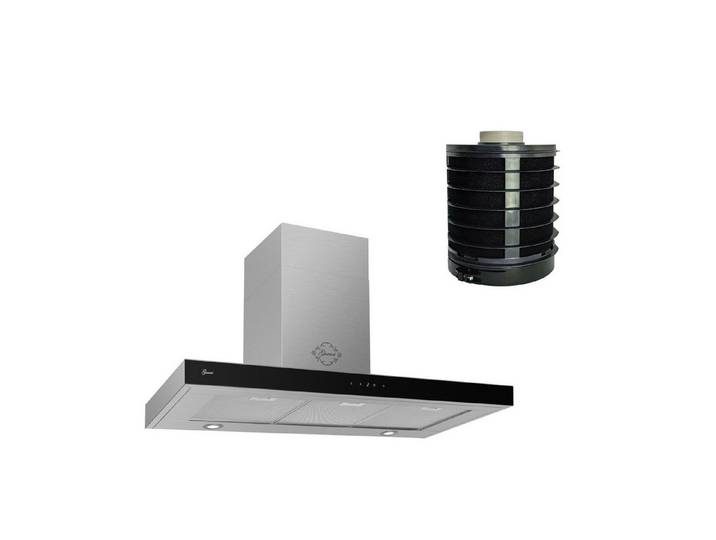 GURARI Deckenhaube Wand-Dunstabzugshaube 120 cm GCH 972+GE 77 Umluftfilter Serie Wandhaube Abluft/Umluft Dunstabzugshaube Edelstahl/Schwarzglas mit Touch Control, EEK A+, Dimmbare LED-Beleuchtung, Timer, 3 spülmaschinengeeignete Metallfettfilter, Boost-Modus Dimmbare LED-Beleuchtung, Timer, Boost-Modus, 3 Metallfettfilter