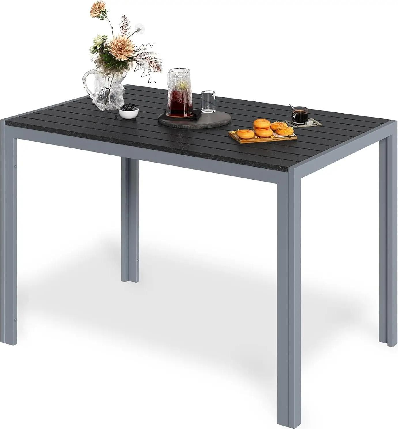 Outdoor Esstisch - Gartentisch aus Aluminium - 110×70×73 cm, Latten-Tischplatte aus Holzwerkstoff, 6,5×10 cm Latten, für 6 Personen, wetterfest - Grau