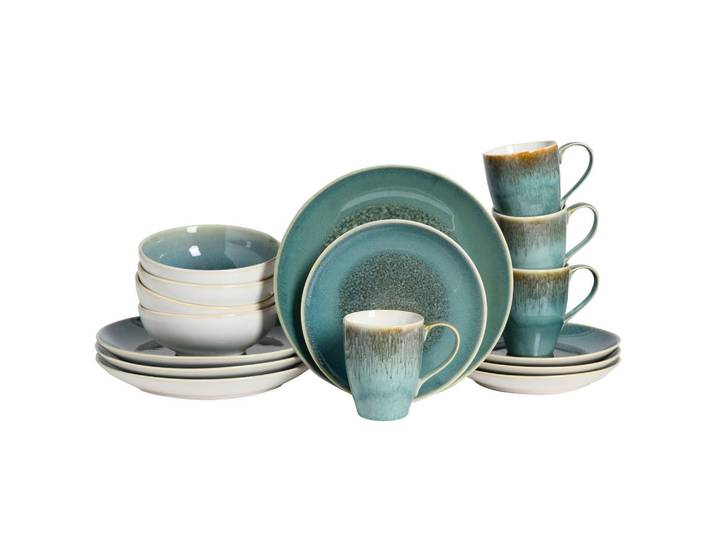 Creatable Kombiservice Caldera Grün, Grün, Weiß, Keramik, 16-teilig, 300 ml,400 ml, handbemalt, lebensmittelecht, stapelbar, Geschirr, Geschirrsets, Kombiservice
