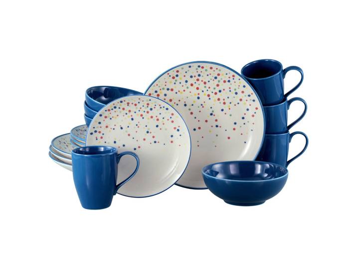 Creatable Kombiservice Joy Blau-bunt, Blau, Creme, Keramik, 16-teilig, Punkte, 300 ml,400 ml, handbemalt, lebensmittelecht, stapelbar, Essen & Trinken, Geschirr, Geschirr-Sets, Kombiservice