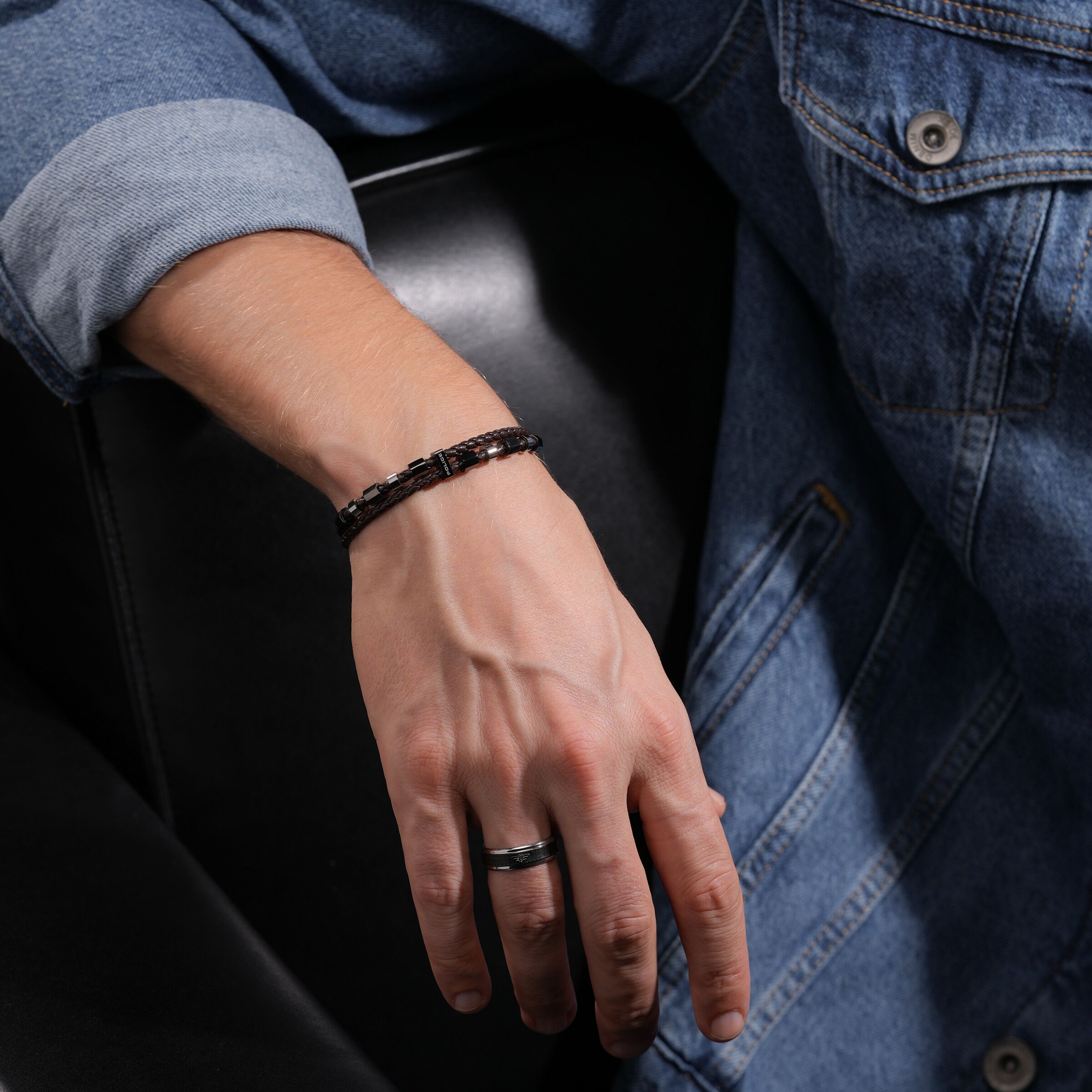 Armband POLICE "Freeway", braun, gunfarben, edelstahlfarben, Armbänder, 22cm, Edelstahl Leder, Edelstahl, Leder, Armband