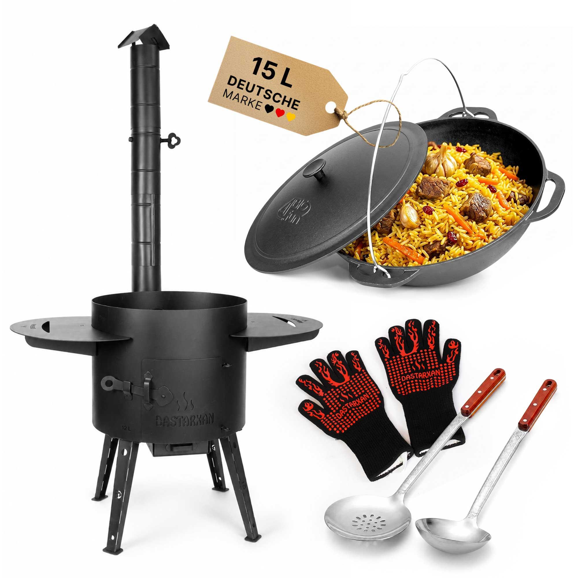 Premium Komplettset Uchag Feuerstelle 15L Gusseisen Kazan 2mm Stahl Outdoor Ofen Feldküche Plov Kessel Camping Grill Gulaschkessel Kazan Set Garten Feuerofen