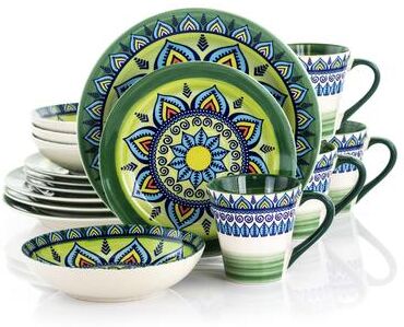 Elama Intricate Floral Pattern Round Stoneware Dinnerware Set in Moss 16 Pieces