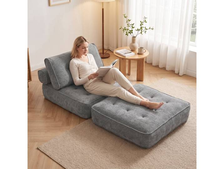 Fauteuil convertible 1 place 3 en 1 2 oreillers chenille gris clair