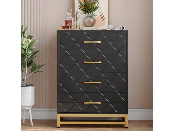 IDEALHOUSE Moderne Kommode mit 4 Schubladen – Holz-Schubladenschrank mit Breiten Schubladen, stabilem Gestell & Metallgriffen, für Schlafzimmer/Ankleide – Farbe: Schwarz