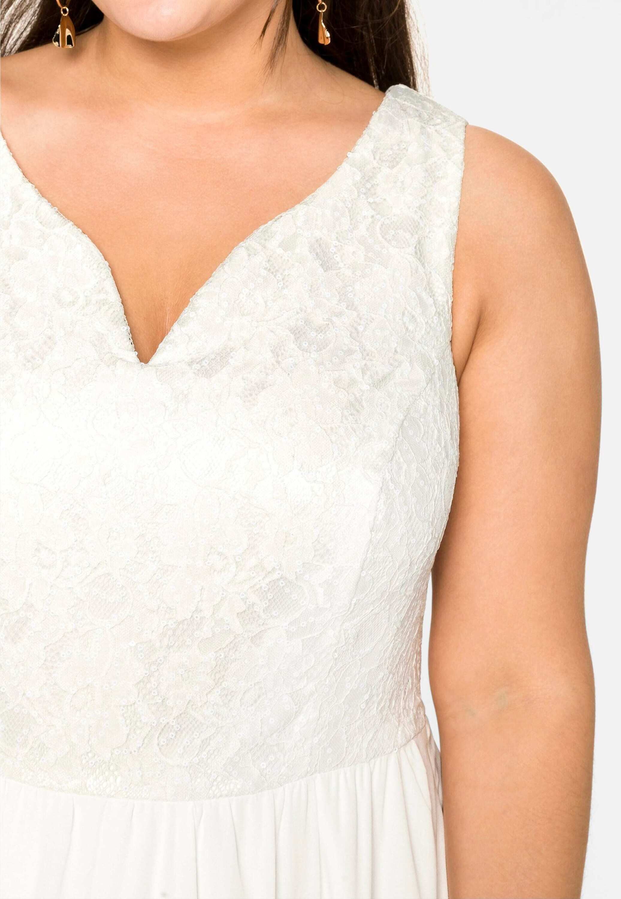 Maxikleid SHEEGO "Abendkleid Hochzeitskleid mit Spitze und Pailletten", Damen, Gr. 50, N-Gr, weiß (sanftes weiß), Elegant, herzförmiger Ausschnitt, Kleider Maxikleid, mit Paillettendekoration