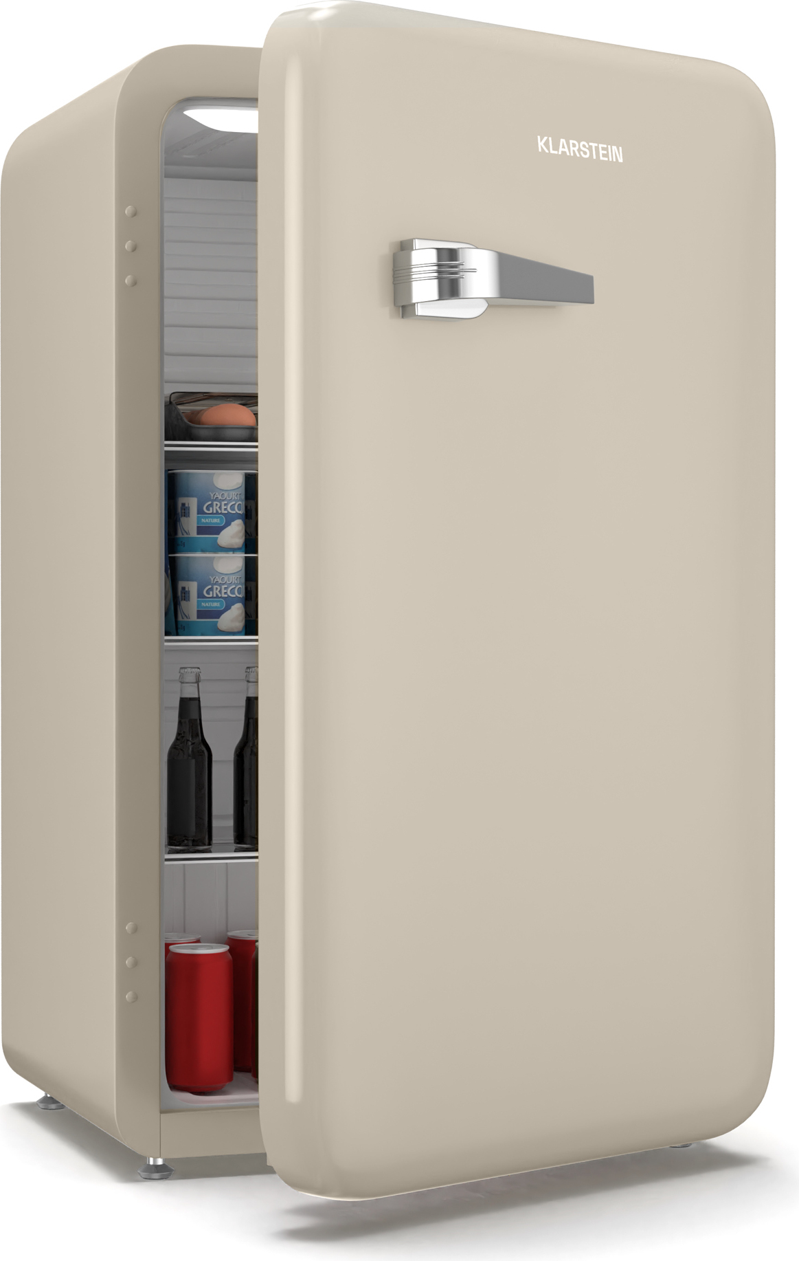Klarstein Audrey Evo 90L Retro Mini Kühlschrank - Leise 40 dB, Kompakter Kühlschrank Klein mit Verstellbaren Füßen, Wendetür, Mechanischem Thermostat, Creme, Ideal für Schlafzimmer und Büros